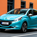 A stylish Peugeot 208 Hybrid in a vibrant color, dynamically cornering on a modern, well-maintained city street. Sleek European design, sporty silhouette, sharp lines, showcasing its agile driving feel. Bright, clear daylight, urban architecture in the background. Professional photography, high resolution, perfect anatomy, correct proportions, natural pose, well-formed details, natural body proportions, vivid colors, sharp focus, safe for work, appropriate content, fully clothed, professional, family-friendly.