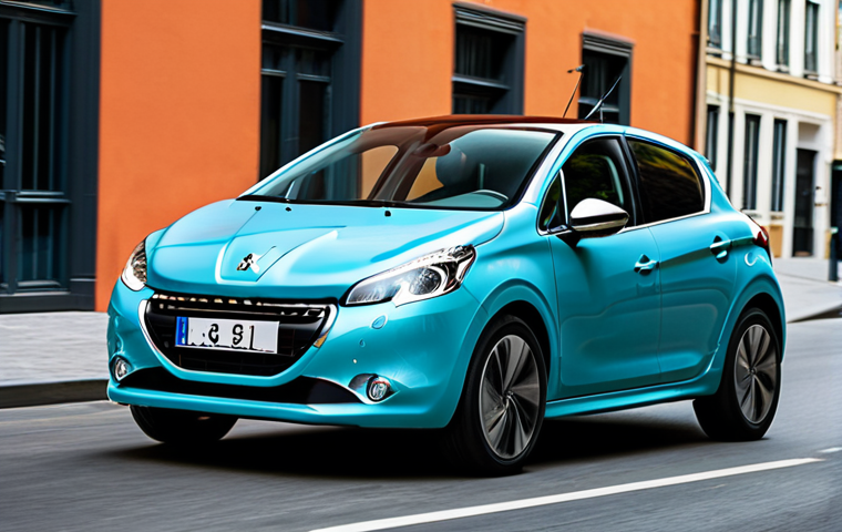 A stylish Peugeot 208 Hybrid in a vibrant color, dynamically cornering on a modern, well-maintained city street. Sleek European design, sporty silhouette, sharp lines, showcasing its agile driving feel. Bright, clear daylight, urban architecture in the background. Professional photography, high resolution, perfect anatomy, correct proportions, natural pose, well-formed details, natural body proportions, vivid colors, sharp focus, safe for work, appropriate content, fully clothed, professional, family-friendly.